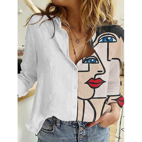 

Women's Blouse Shirt White Black Color Block Abstract Button Print Long Sleeve Daily Weekend Streetwear Casual Shirt Collar Regular Portrait S