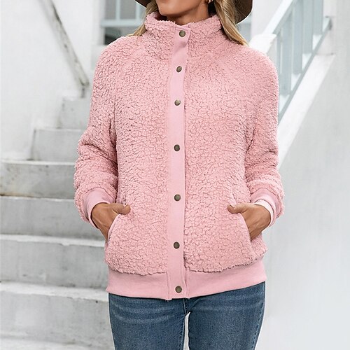 

Women's Sherpa jacket Fleece Jacket Teddy Coat Warm Sport Daily Single Breasted Turndown Casual Solid Color Regular Fit Outerwear Long Sleeve Winter Fall Black Pink Khaki S M L XL