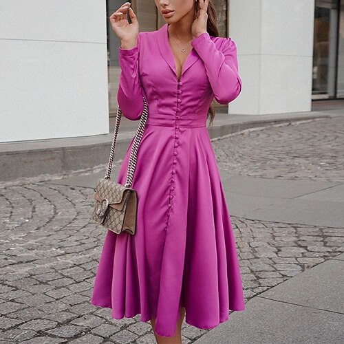 

Women's A Line Dress Knee Length Dress Black Purple Red Long Sleeve Pure Color Button Fall Spring Shirt Collar Elegant Fashion 2022 S M L XL
