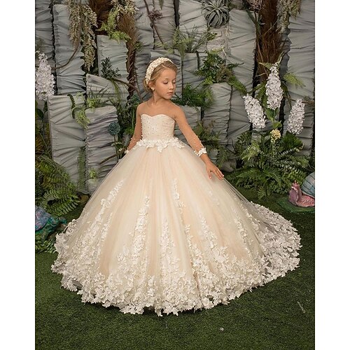 

Wedding Party A-Line Flower Girl Dresses Jewel Neck Floor Length Chiffon Tulle Winter Fall with Appliques Pure Color Cute Girls' Party Dress Fit 3-16 Years