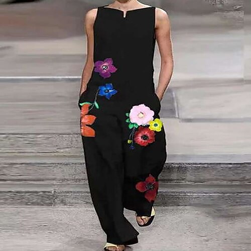 

Women's Plus Size Curve Jumpsuit Floral Floral Sleeveless Casual Spring Summer Black L XL XXL XXXL