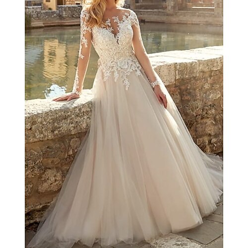 

Fidanzamento Da cerimonia Abiti da sposa Strascico a terra Linea-A Manica lunga Con decorazione gioiello Di pizzo Con Con applique 2023 Abiti da sposa