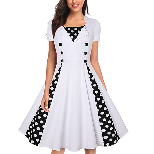 

Women's Vintage Dress Swing Dress Midi Dress White Red Short Sleeve Polka Dot Patchwork Spring Fall Autumn Square Neck Vintage Summer Dress 2022 S M L XL XXL