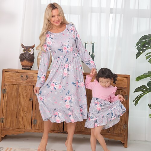 

Mommy and Me Dresses Cotton Floral Print Pink Long Sleeve Daily Matching Outfits / Fall