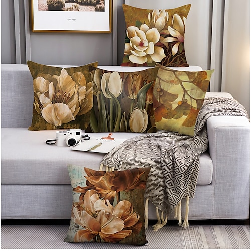 

pintura al óleo floral doble lado cojín 5pc suave cuadrado tiro funda de almohada funda de almohada de lino de imitación para dormitorio sala de estar al aire libre interior cojín para sofá sofá cama