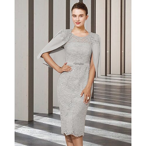 

Two Piece Sheath / Column Mother of the Bride Dress Elegant Jewel Neck Knee Length Chiffon Lace Short Sleeve with Sash / Ribbon Appliques 2022