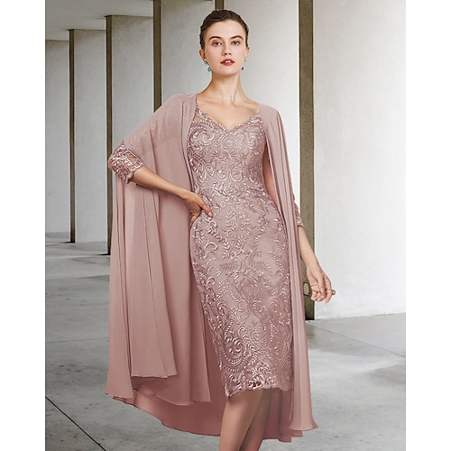 

Two Piece Sheath / Column Mother of the Bride Dress Elegant V Neck Knee Length Chiffon Lace Half Sleeve with Appliques 2022