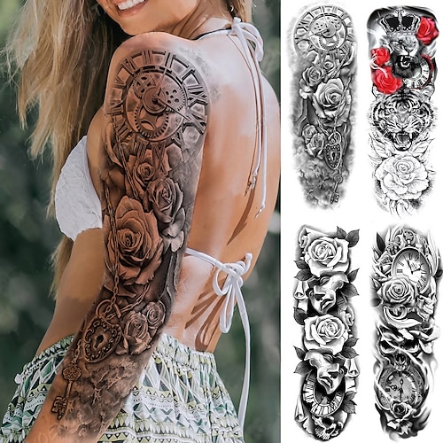 

4 pcs Large Arm Sleeve Tattoo Lion Tiger Clock Waterproof Temporary Tatto Sticker Rose Mask Body Art Full Fake Tatoo Women Men