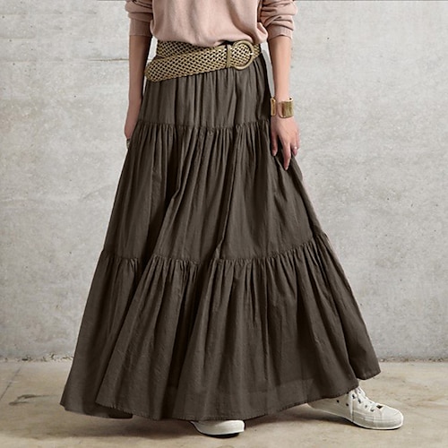 

Women's Swing Work Skirts Long Skirt Maxi Cotton Black Wine Purple Brown Skirts Autumn / Fall Ruffle Without Lining Vintage Summer Causal Vacation S M L