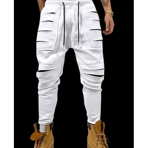 

Men's Joggers Trousers Casual Pants Pocket Drawstring Elastic Waist Solid Color Outdoor Sports Full Length Casual Daily Streetwear Cotton Blend Sports Ripped Loose Fit Black White Micro-elastic