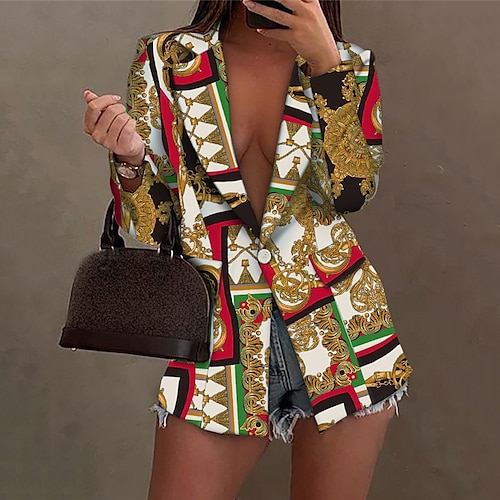 

Women's Blazer Warm Breathable Street Daily Print Turndown Casual Baroque Color Block Regular Fit Outerwear Long Sleeve Winter Fall Black Gold S M L XL