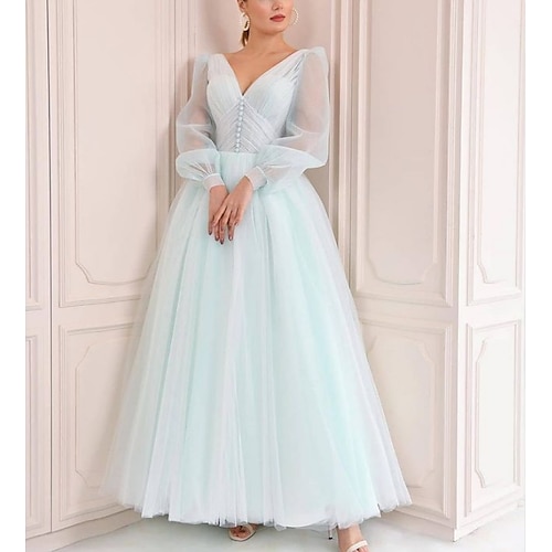 

A-Line Minimalist Elegant Party Wear Prom Dress V Neck Long Sleeve Floor Length Tulle with Pleats 2022