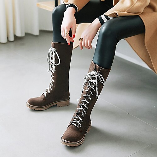 

Mulheres Botas Coturnos Tamanhos Grandes Botas de amarrar Diário Botas da panturrilha Inverno Salto Baixo Salto Robusto Ponta Redonda Vintage Moda Couro Ecológico Com Cadarço Côr Sólida Castanho