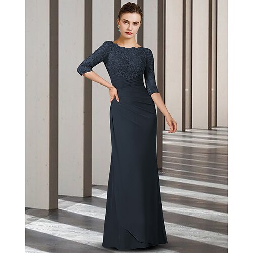 

Sheath / Column Mother of the Bride Dress Elegant Jewel Neck Floor Length Chiffon Lace Half Sleeve with Ruched Appliques 2022