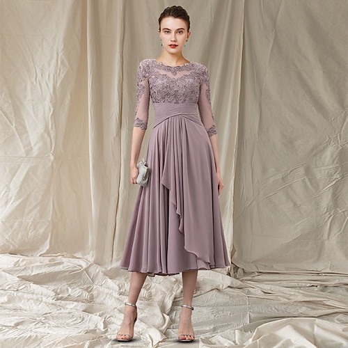 

A-Line Mother of the Bride Dress Elegant Jewel Neck Tea Length Chiffon Lace Half Sleeve with Pleats Ruched Beading 2022