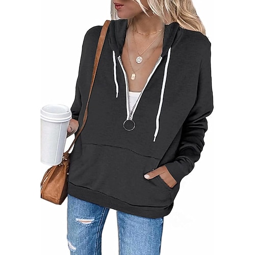 

Women's Hoodie Sweatshirt Pullover Active Streetwear Front Pocket Quarter Zip Black Gray Pink Plain Casual Hooded Long Sleeve S M L XL XXL