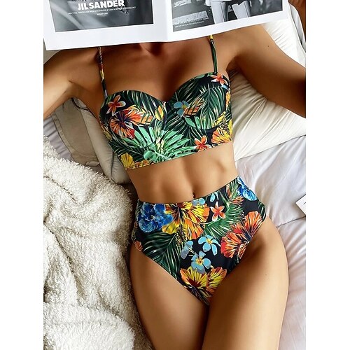 

Women's Swimwear Bikini 2 Piece Normal Swimsuit Print Floral Plants Green Padded Strap Bathing Suits New Sexy Hawaiian / Leaf / Padded Bras / Slim