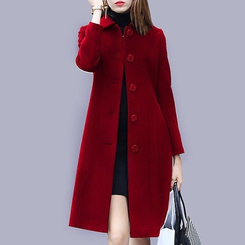 

Women's Coat Long Daily Solid Color Winter Coat Navy Black Red Wine Casual Street Fall Single Breasted Turndown Regular Fit M L XL XXL XXXL