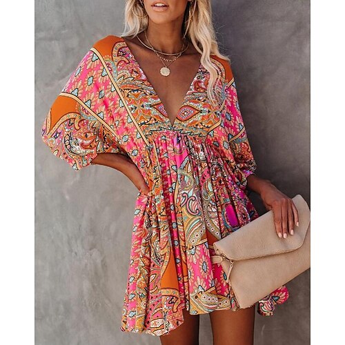 

Women's A Line Dress Short Mini Dress Green Blue Red 3/4 Length Sleeve Floral Backless Smocked Pleated Spring Summer V Neck Hot Sexy Boho Loose 2022 S M L XL XXL / Print