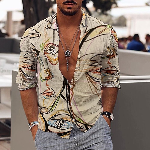 

Men's Shirt Graphic Shirt Abstract Portrait Collar Beige Outdoor Street Long Sleeve Button-Down Print Clothing Apparel Fashion Designer Casual Breathable / Winter / Fall / Winter