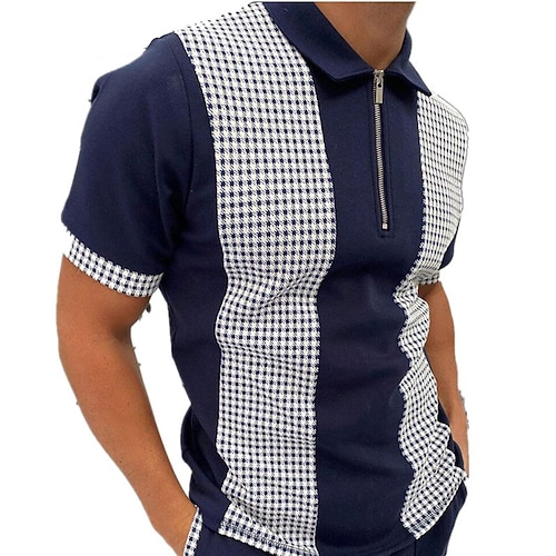 

Men's Collar Polo Shirt Golf Shirt Plaid Striped Collar Navy Blue Black Outdoor Street Short Sleeve Zipper Clothing Apparel Fashion Casual Breathable Comfortable