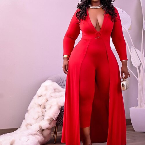 

Women's Plus Size Jumpsuit Split Solid Colored Long Sleeve Streetwear Fall Black Red L XL XXL 3XL 4XL / Deep V