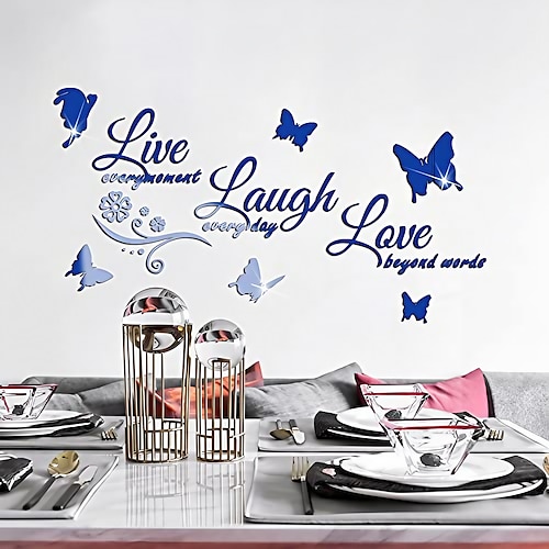 

3d acrylic mirror wall stickers, live every moment laugh every day love beyond words butterfly mirror surface wall decals, motivational letter home decoration (blue)