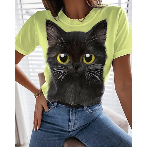 

T shirt Tee Femme Rose Claire Vert Gris Animal Chat Imprimer Manche Courte du quotidien Fin de semaine basique Col Rond Normal Standard Chat 3D Peinture S