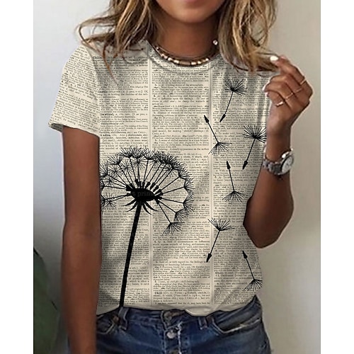 

Women's T shirt Tee Yellow Text Dandelion Print Short Sleeve Daily Weekend Basic Vintage Round Neck Regular Floral Painting S / 3D Print