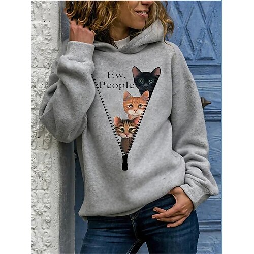 

Women's Pullover Hoodie Sweatshirt Cat Patchwork Print Casual Daily 3D Print Basic Hoodies Sweatshirts Loose Blue Gray