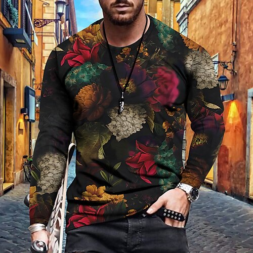 

Men's T shirt Tee Shirt Tee Graphic Floral Crew Neck Blue Pink Red Gray 3D Print Plus Size Casual Daily Long Sleeve Print Clothing Apparel Basic Designer Slim Fit Big and Tall