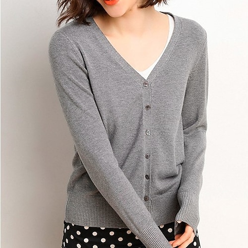 

Women's Cardigan Classic Style Solid Color Basic Casual Cotton Long Sleeve Sweater Cardigans V Neck Fall Spring Denim Blue M beige Blushing Pink / Holiday