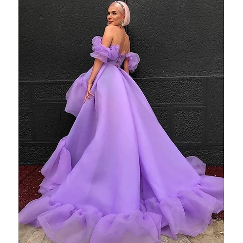 

A-Line Prom Dresses High Low Dress Quinceanera Asymmetrical Purple Short Sleeve Off Shoulder Tulle with Tier 2022