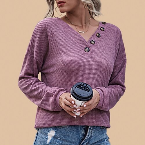 

Women's Blouse Plain Daily Going out Weekend Blouse Shirt Long Sleeve V Neck Elegant Casual Beach Green Black Purple S