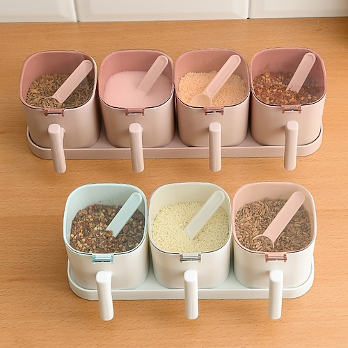 

Nordic Spice Box Jar Seasoning Box Storage with Spoons 4 Grids Combination Condiment Container Plastic Transparent Sugar Salt Box Cans Pepper Bottle Kitchen Cooking