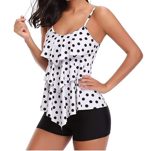 

Women's Tankini Two Piece Swimsuit Bathing Suit Dot Swimwear Red texture Black and white texture Breathable Quick Dry Elastic Sleeveless - Swimming Surfing Snorkeling Summer / Spandex