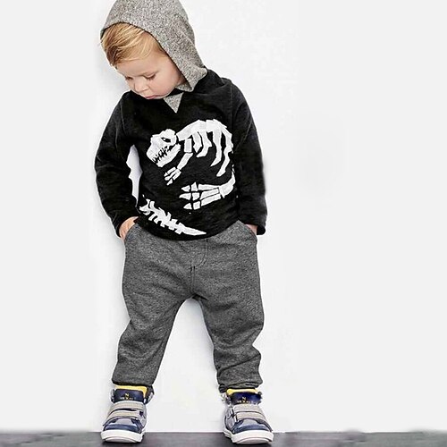 

2 Pieces Kids Boys Halloween Hoodie & Pants PantsSet HoodieSet Outfit Skull Dinosaur Long Sleeve Print Cotton Set Street Active Sports Cool Fall 1-5 Years Black