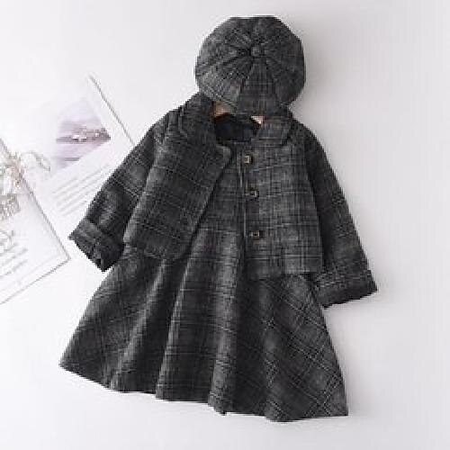 

Girl's Dresses Dress Girls 3Pcs Plaid Coat Dress Berets Children'S Clothing Casual Kids Elegant Outfit Suits