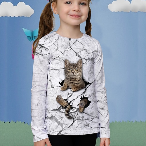 

Kids Girls' T shirt Animal 3D Print Long Sleeve Active 4-12 Years Fall White