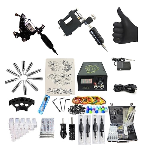 

Professional Tattoo Kit Tattoo Machine - 2 pcs Tattoo Machines, Professional Alloy 20 W LCD power supply 1 rotary machine liner & shader / 1 alloy machine liner & shader / Case Included