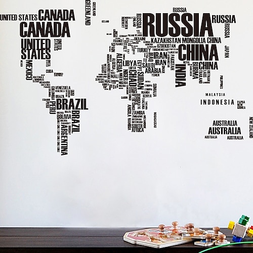 

New Large English Letters World Map Wall Paste Bedroom Office Personality Black Background 60X90cm