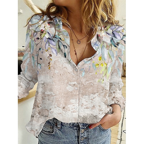 

Mulheres Camisa Social Blusa Marron Gráfico Floral Botão Imprimir Manga Longa Diário Final de semana Básico Colarinho de Camisa Padrão Tema Flores S