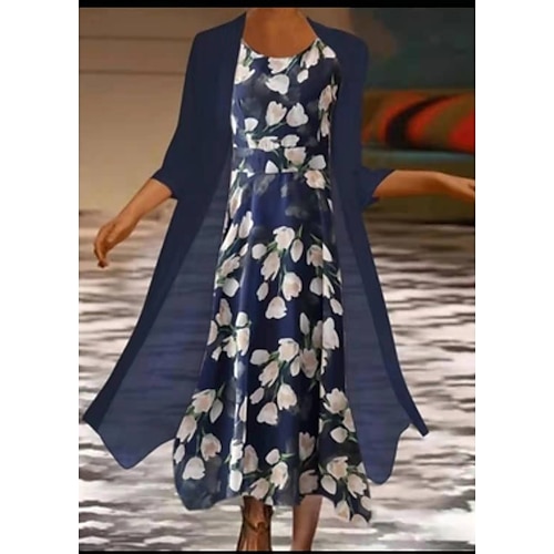 

Women's Dress Set Two Piece Dress Shift Dress Long Dress Maxi Dress Navy Blue Long Sleeve Floral Layered Winter Fall Autumn Crew Neck Winter Dress Fall Dress 2022 S M L XL XXL