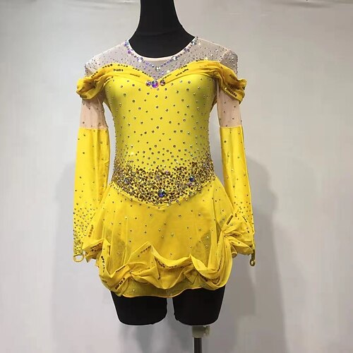 

Figure Skating Dress Women's Girls' Ice Skating Dress Outfits Yellow Patchwork Halo Dyeing Spandex High Elasticity Training Competition Skating Wear Handmade Patchwork Crystal / Rhinestone Long Sleeve