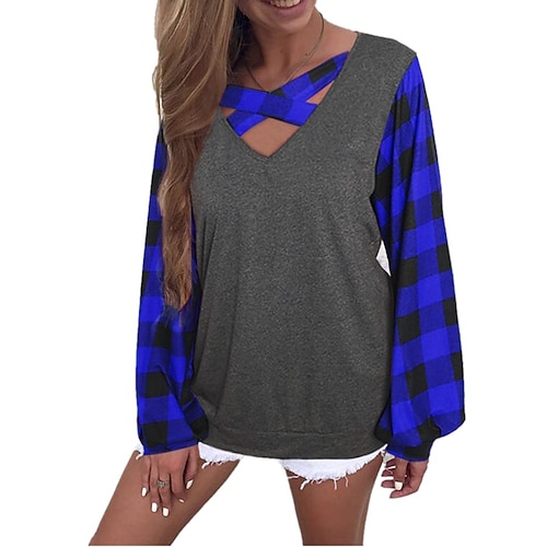 

Women's Sweatshirt Pullover Active Streetwear Print Blue Gray Purple Plaid Checkered Color Block Daily V Neck Long Sleeve S M L XL XXL / 3D Print