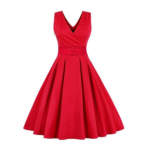 

Women's Vintage Dress Midi Dress Red Sleeveless Pure Color Pleated Spring Summer V Neck 1950s Slim 2022 S M L XL XXL 3XL
