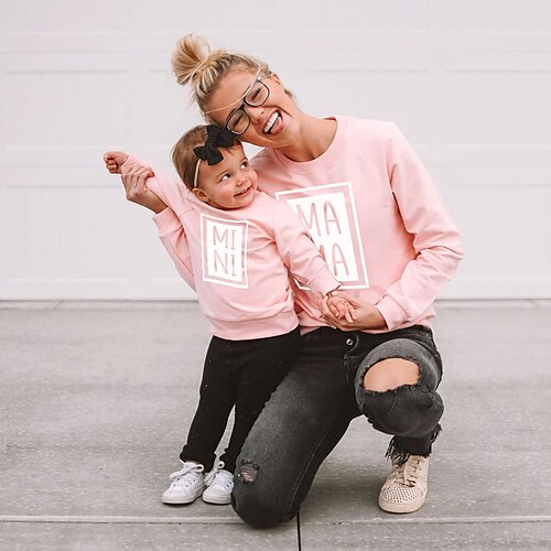 

Mommy and Me Sweatshirt Pullover Letter Print Blushing Pink Gray Black Adorable Matching Outfits