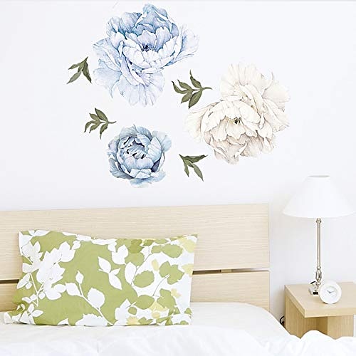 

diy watercolor flowers wall stickers blue white peony green leaves vinyl removable peel and stick wall decals art picture decorations decor for teens girls bedroom living room murals