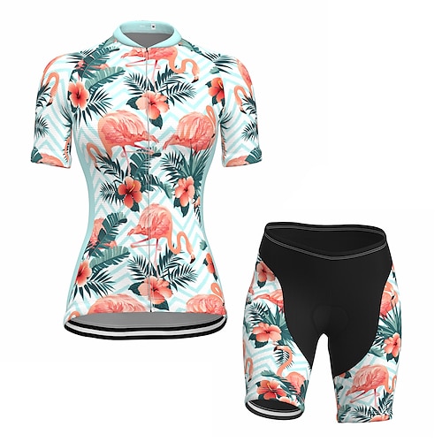 

21Grams Women's Cycling Jersey with Shorts Short Sleeve Mountain Bike MTB Road Bike Cycling Green Flamingo Floral Botanical Bike Clothing Suit 3D Pad Breathable Quick Dry Moisture Wicking Back Pocket