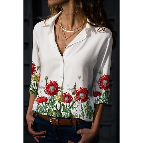 

Mujer Camisa Blusa Negro Blanco Amarillo Graphic Floral Botón Estampado Manga Larga Diario Fin de semana Ropa de calle Casual Cuello Camisero Regular Flor S